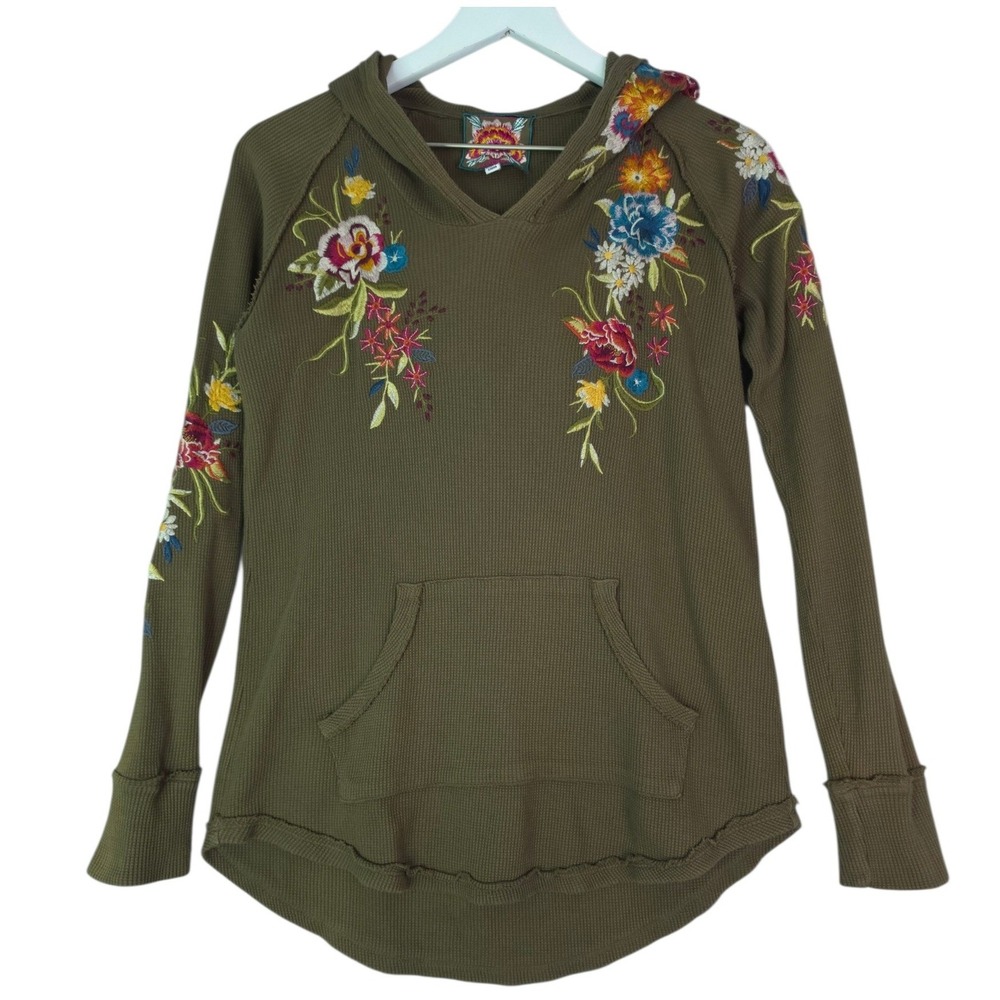Johnny Was Floral Embroidered Hoodie Womens S Cotton Olive Waffle Knit Boho